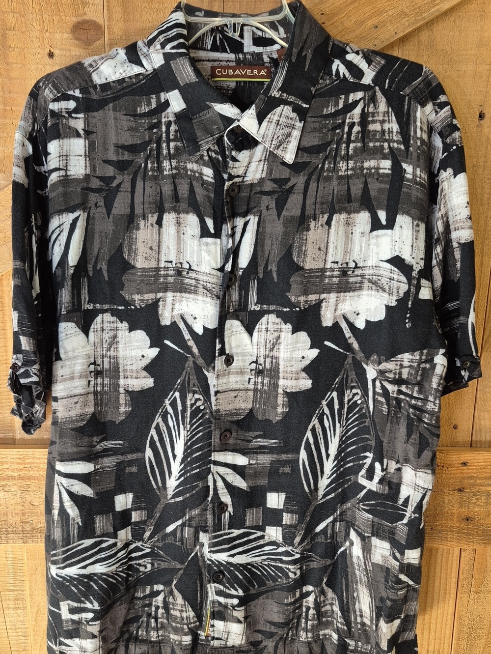 Cubavera Black & White Tropical Brushstroke Button-Up Shirt